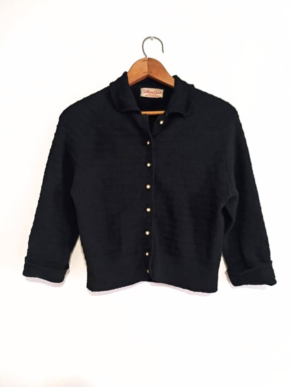 Vintage 100% Wool Cropped Cardigan | Black Rhinestone Buttons | 3/4 sleeve